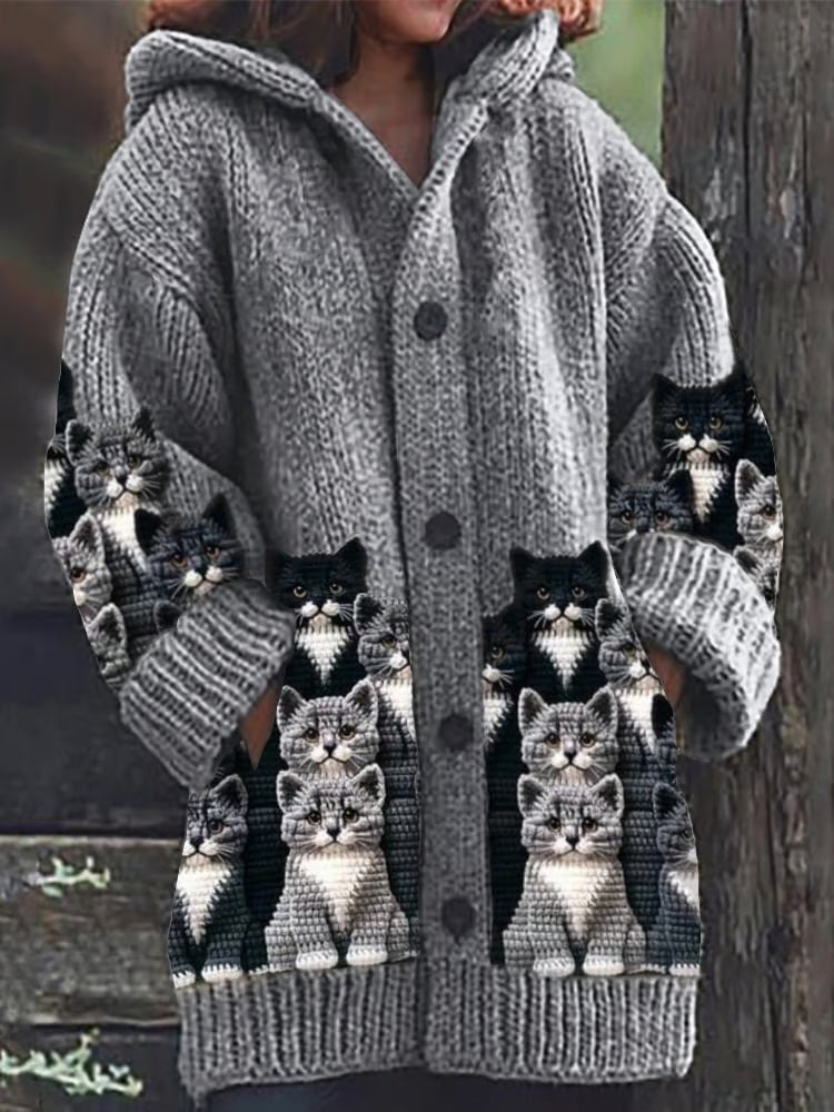 Norvielle Damen Strickjacke Katzenmuster