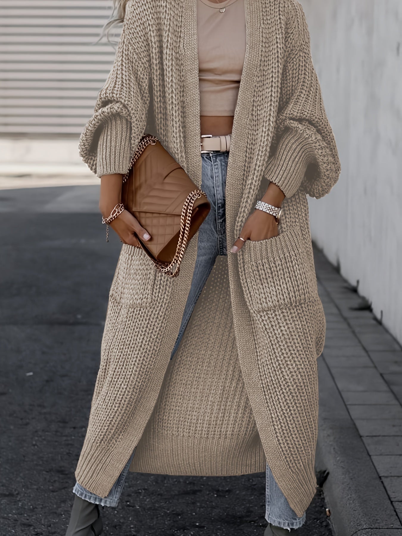 Damen Strickcardigan Wolle Taschen Beige - Norvielle