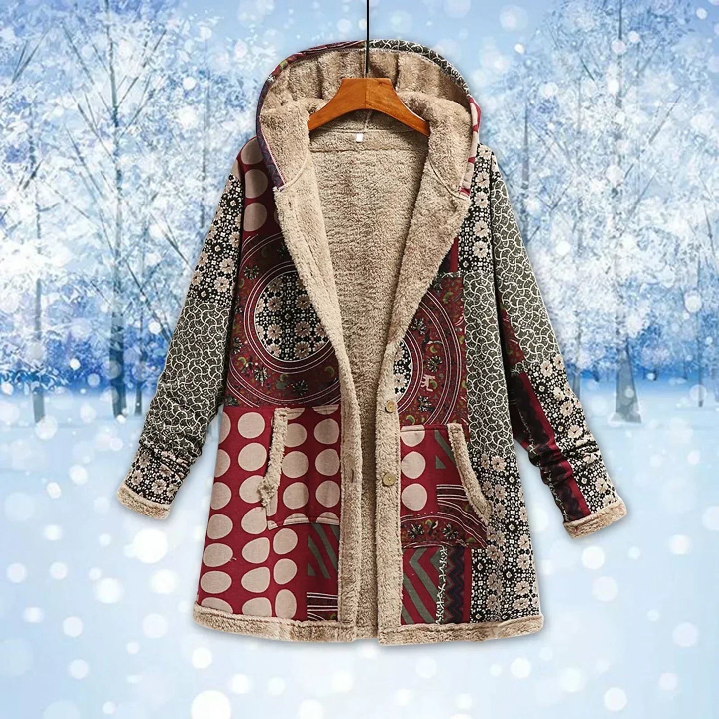 Damen Patchwork Jacke mit Kapuze Fleece-Futter Knopfverschluss