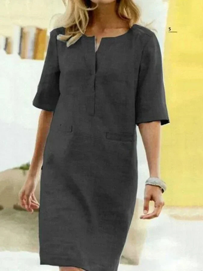 Norvielle Damen Sommerkleid Kurzarm Baumwolle Leinen