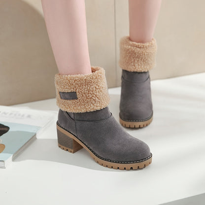 Damen Winterschuhe Slip-On Stiefel Warmfutter Blockabsatz