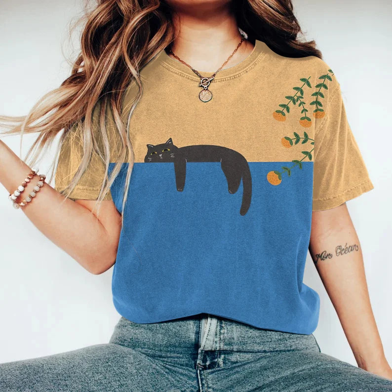 Damen Kreatives T-Shirt mit Katzen-Motiv Baumwolle