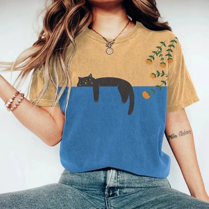 Damen Kreatives T-Shirt mit Katzen-Motiv Baumwolle