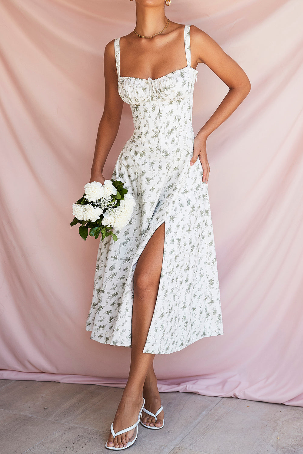 Pastellgrünes Damen Midikleid Taillenformend