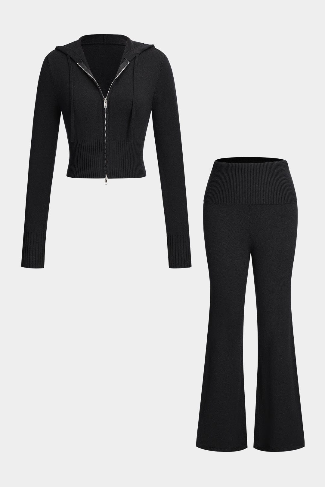 Damen Strick-Zweiteiler Kapuzenjacke und Schlaghose - Norvielle