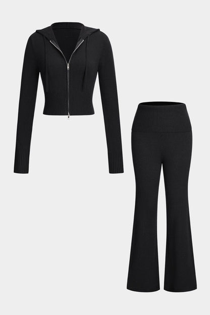Damen Strick-Zweiteiler Kapuzenjacke und Schlaghose - Norvielle