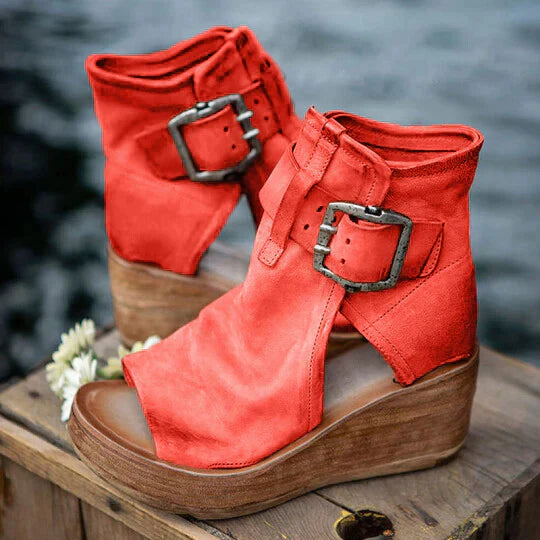 Damen Keilabsatz Sandalen Boho Stil Leder