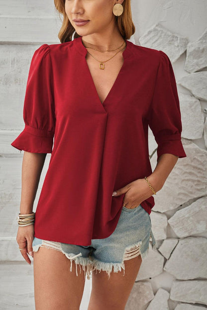Damen Bluse V-Ausschnitt Halbe Puffärmel Feminin Büro