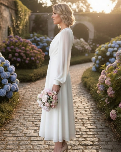 Damen Abendkleid Midi V-Ausschnitt Länge Langärmelig