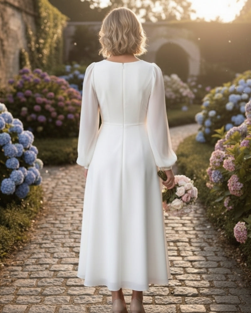 Damen Abendkleid Midi V-Ausschnitt Länge Langärmelig
