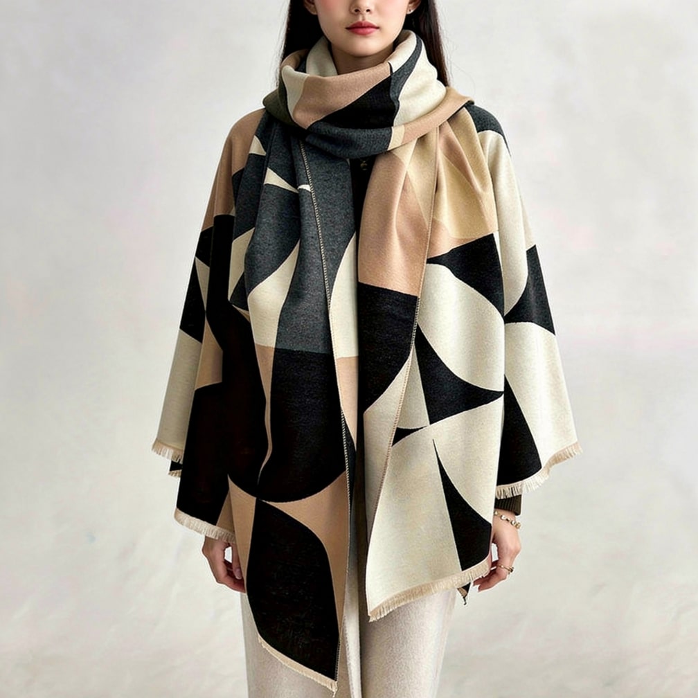Damen Wollponcho Moderner Winterschal Warm Beige - Norvielle