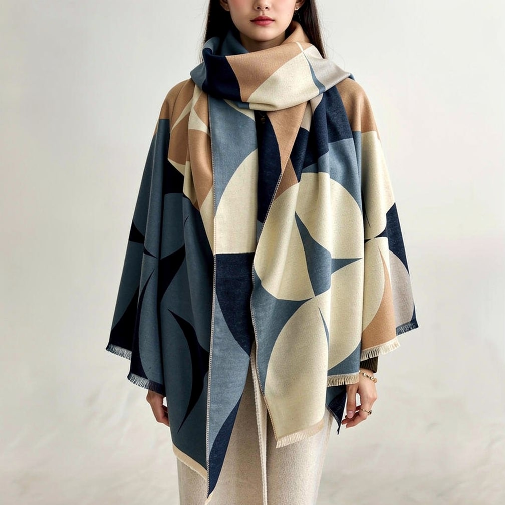 Damen Wollponcho Moderner Winterschal Warm Beige