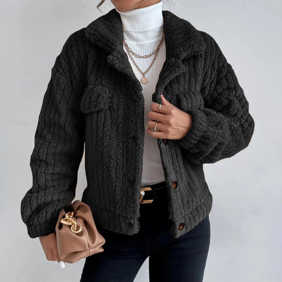 Damen Teddyjacke Kurz Knopfverschluss Reverskragen Beige - Norvielle