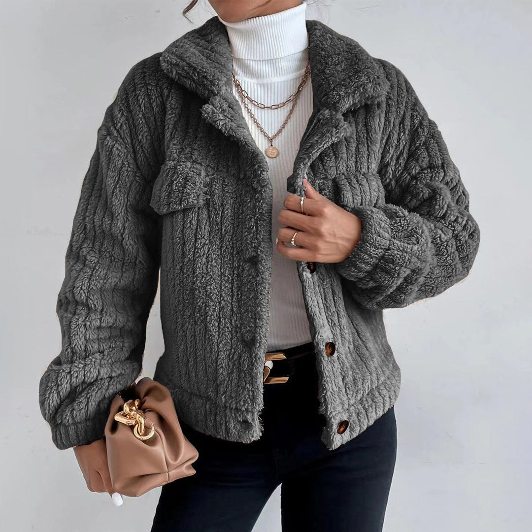 Damen Teddyjacke Kurz Knopfverschluss Reverskragen Beige
