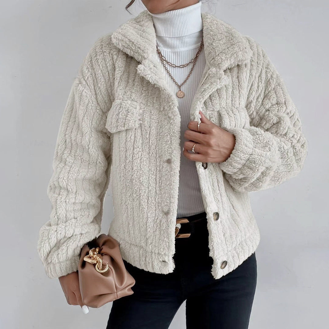 Damen Teddyjacke Kurz Knopfverschluss Reverskragen Beige
