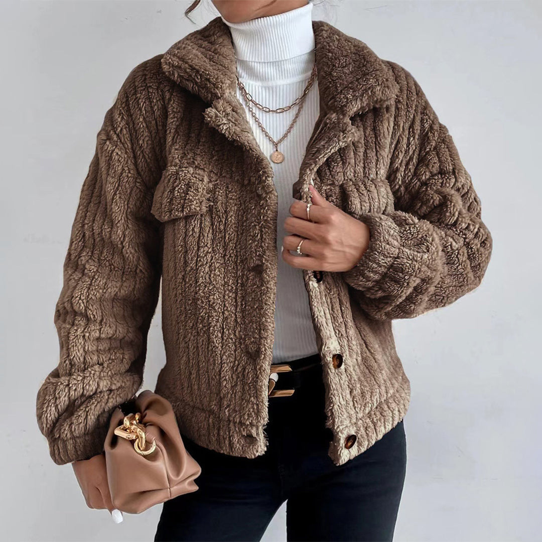 Damen Teddyjacke Kurz Knopfverschluss Reverskragen Beige