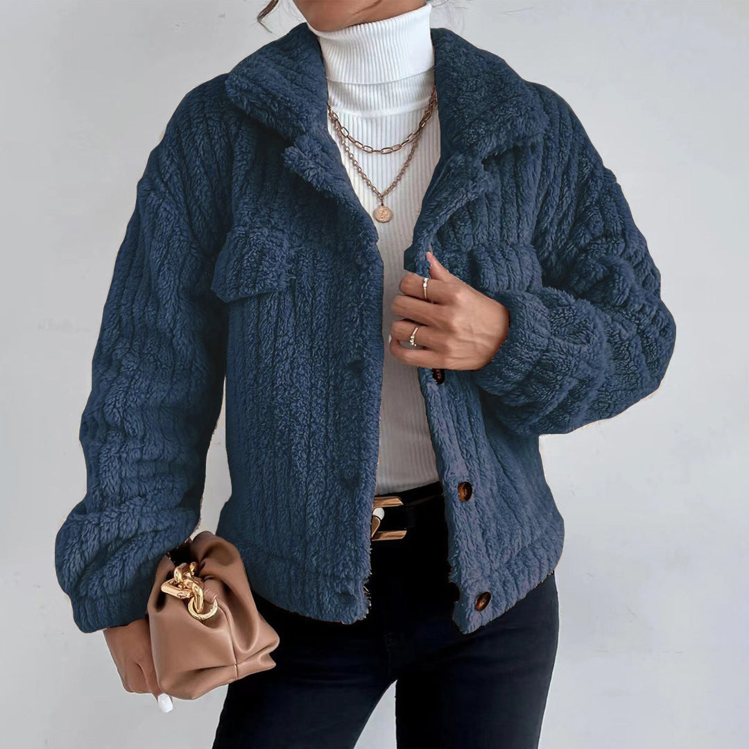 Damen Teddyjacke Kurz Knopfverschluss Reverskragen Beige