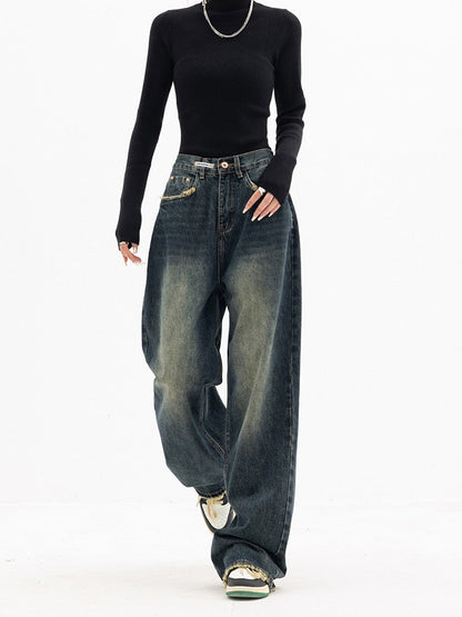 Damen Weite Jeans Gewaschener Denim