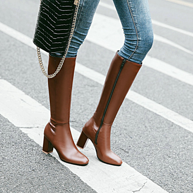 Damen Stiefel Klassisch Hoch mit Blockabsatz Schwarz - Norvielle
