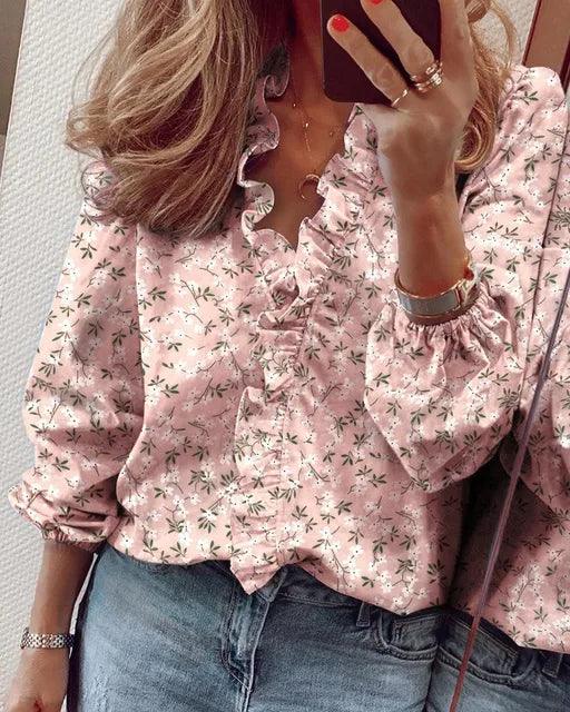 Damen Bluse mit Rüschen V-Ausschnitt