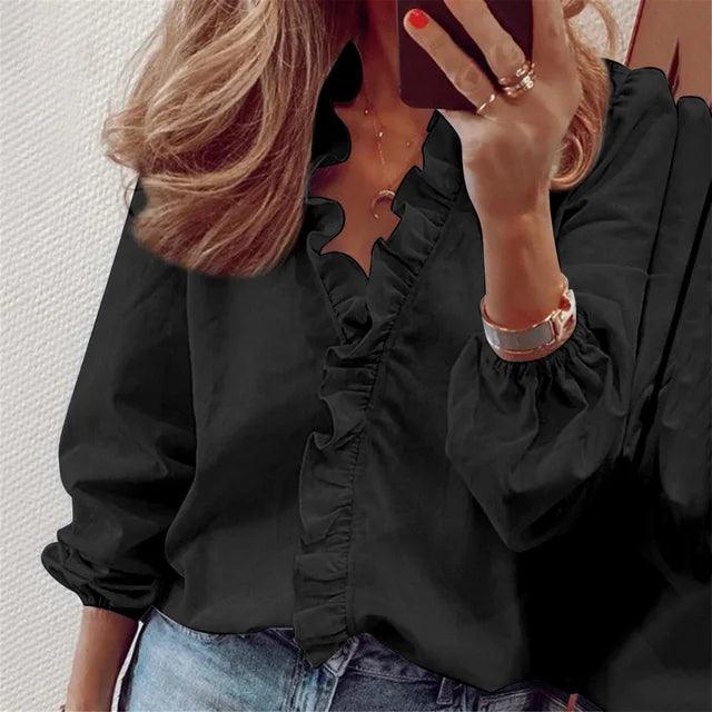 Damen Bluse mit Rüschen V-Ausschnitt