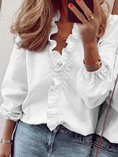 Damen Bluse mit Rüschen V-Ausschnitt