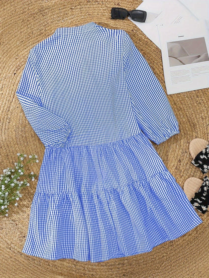 Damen Leinenkleid Karomuster 3/4 Ärmel Sommer Beige