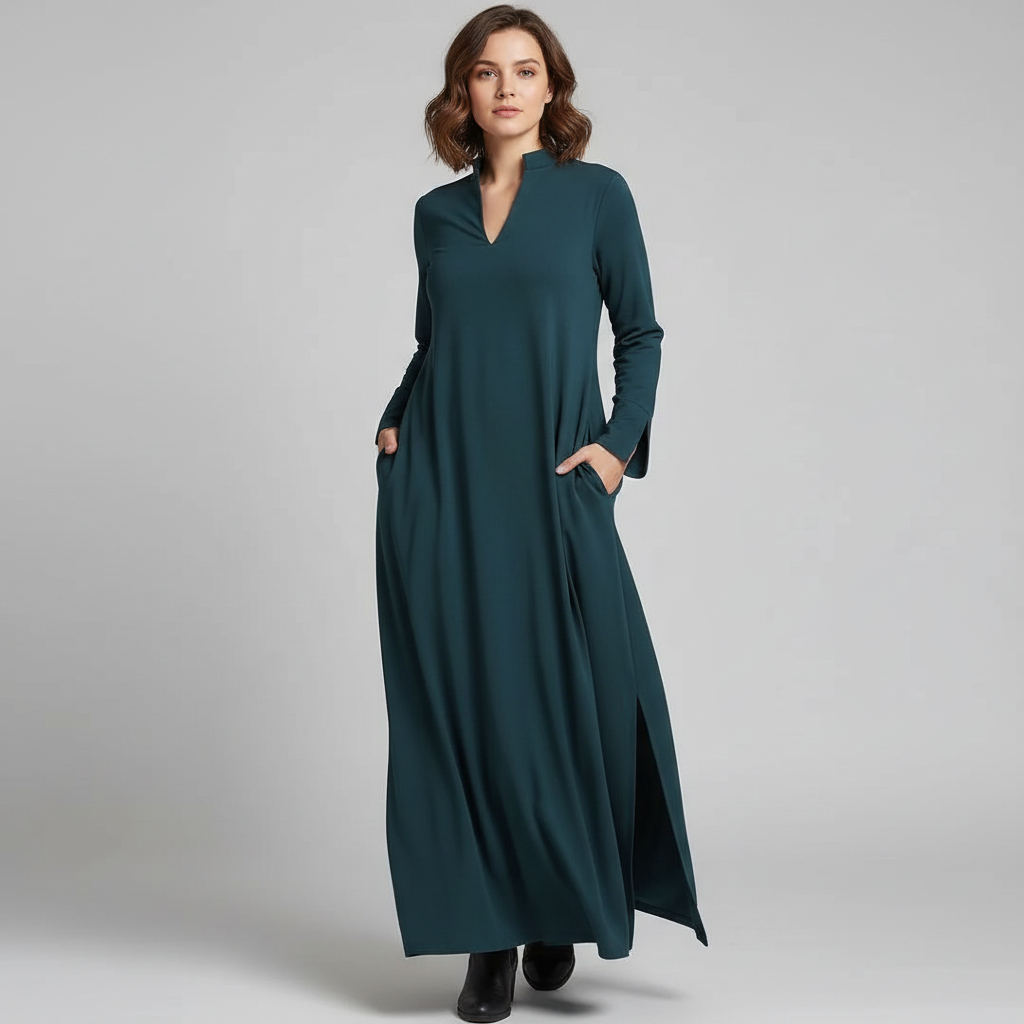 Damen Kleid Lang Gerafftes Kleid Mit Gerader Linie