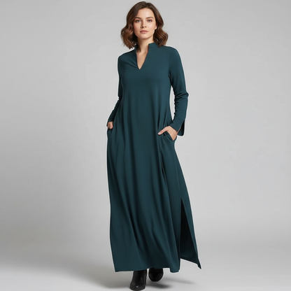 Damen Kleid Lang Gerafftes Kleid Mit Gerader Linie