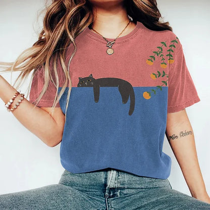 Damen Kreatives T-Shirt mit Katzen-Motiv Baumwolle