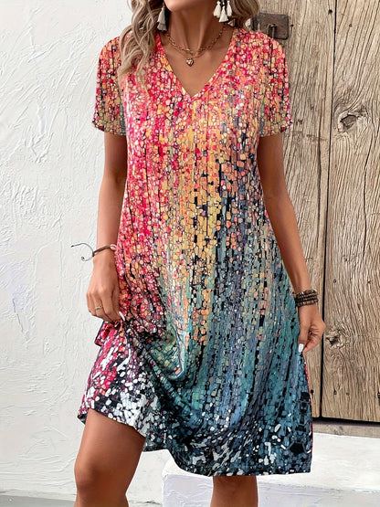 Damenkleid kurzarm V-Ausschnitt Print