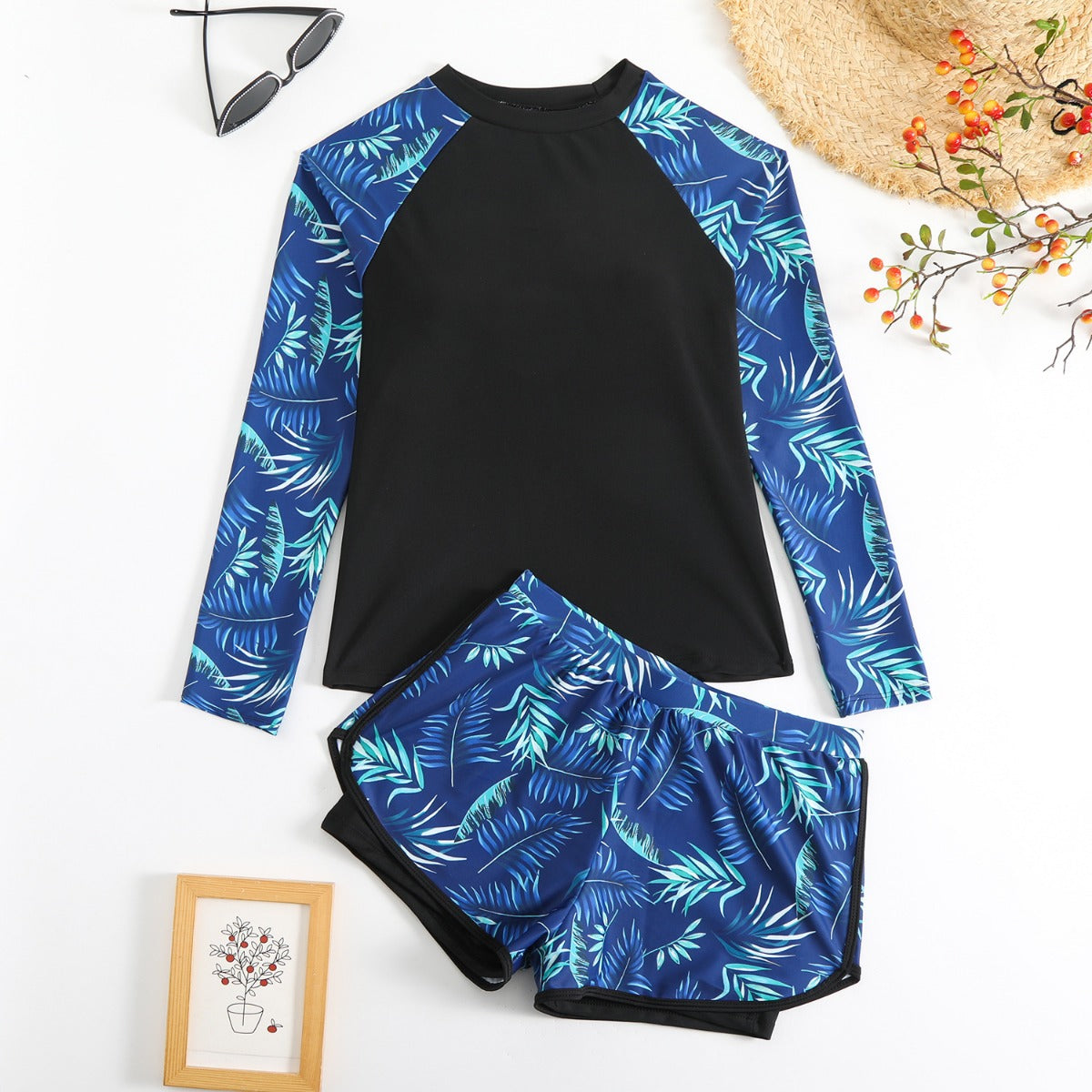 Norvielle Damen Langarm Tankini Badeanzug Doppelhose