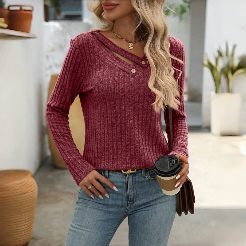Damen Strickpullover V-Ausschnitt Knopfleiste