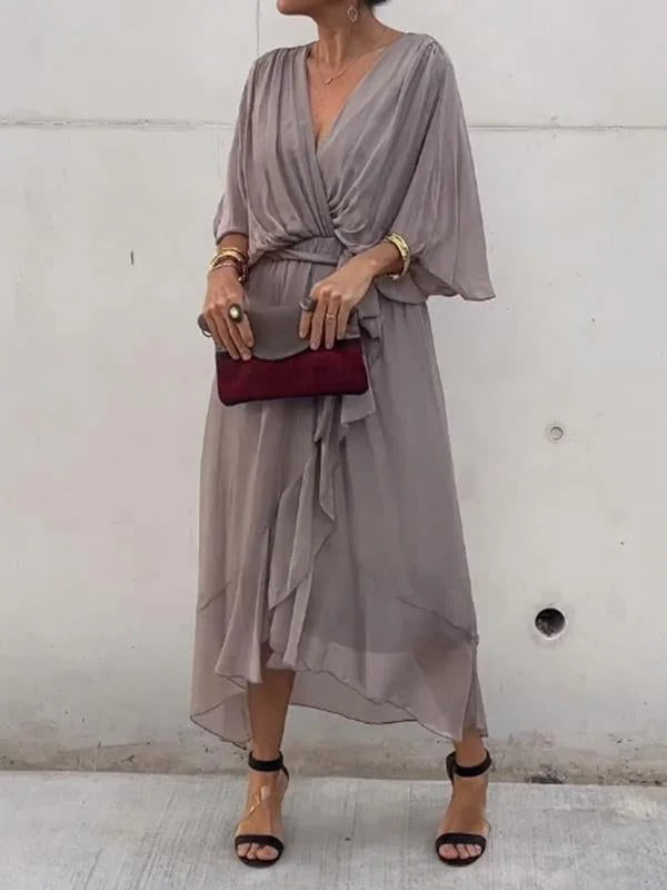 Loisa Damen Chiffon-Kleid V-Ausschnitt Elegant