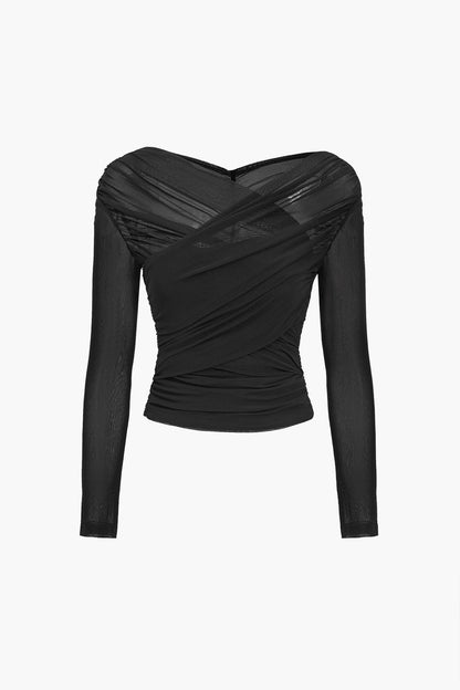 Damen Mesh- Rüschen Längsärmelig