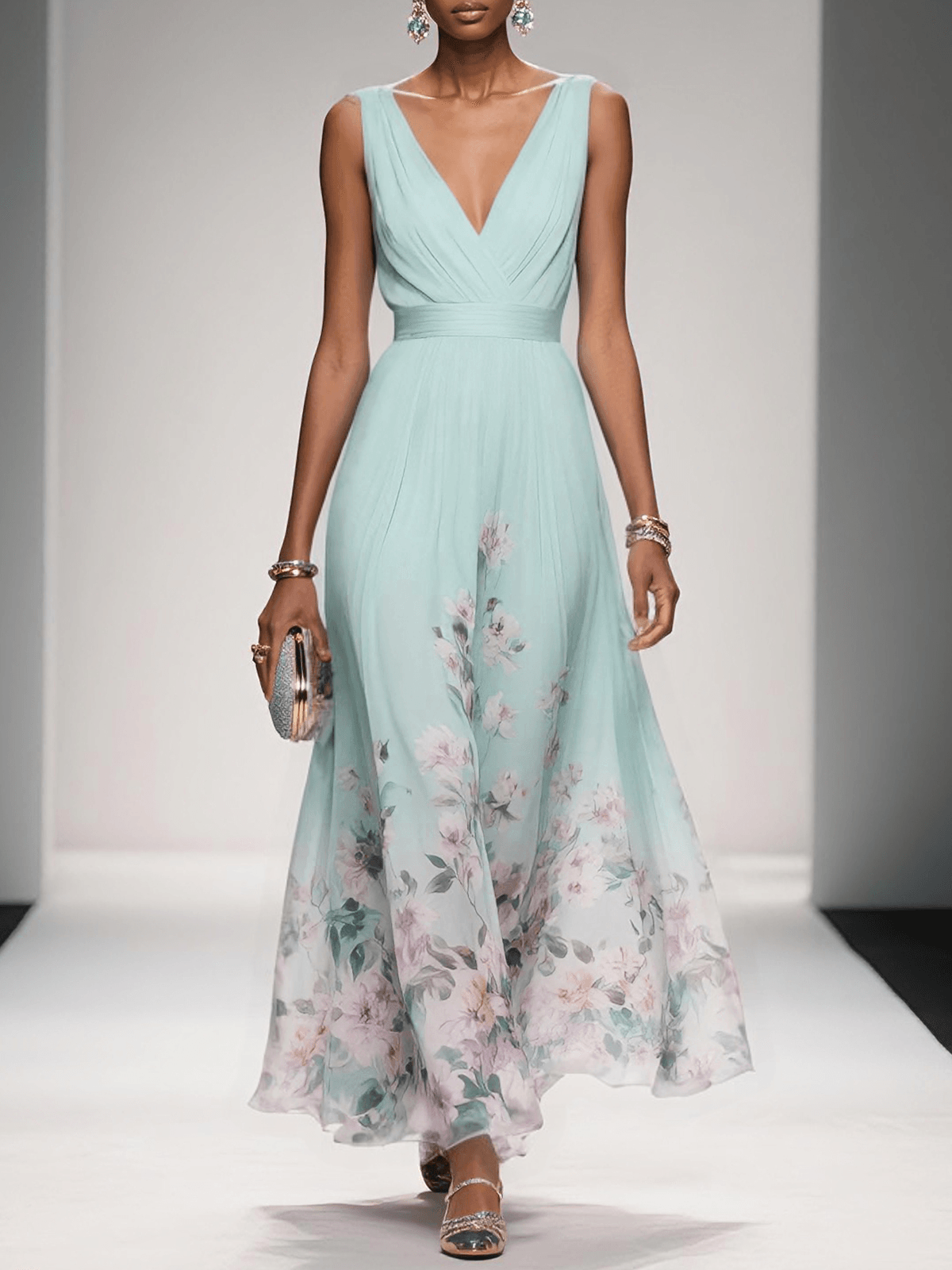 Damen Maxikleid Florales Chiffon Sommerkleid