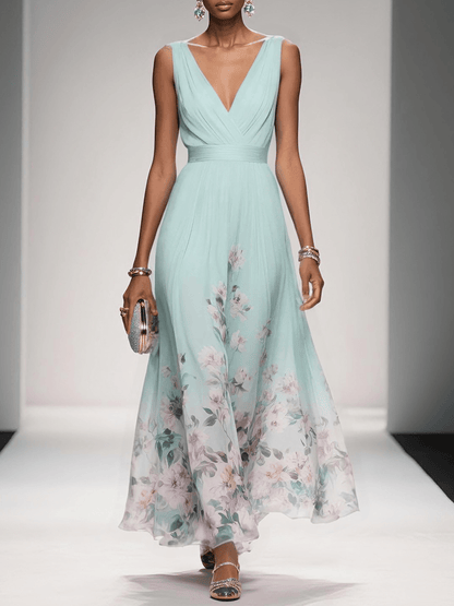 Damen Maxikleid Florales Chiffon Sommerkleid