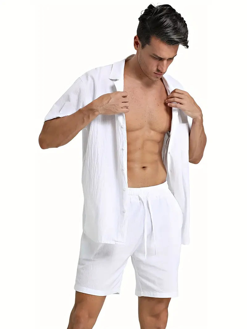 Herren Kurzarm-Hemd Shorts Set Baumwolle Sommerweiß