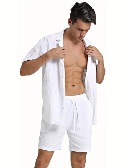 Herren Kurzarm-Hemd Shorts Set Baumwolle Sommerweiß