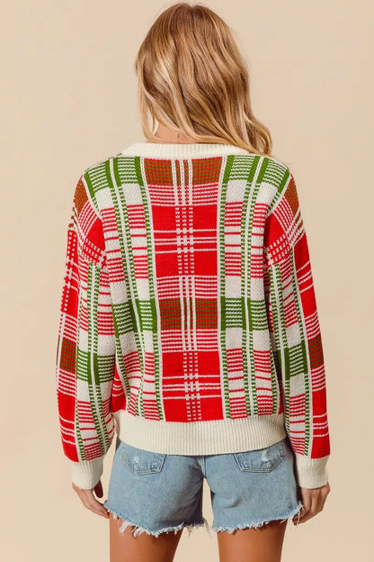 Weihnachtspullover Damen Karierter Rot Grün Rundhals