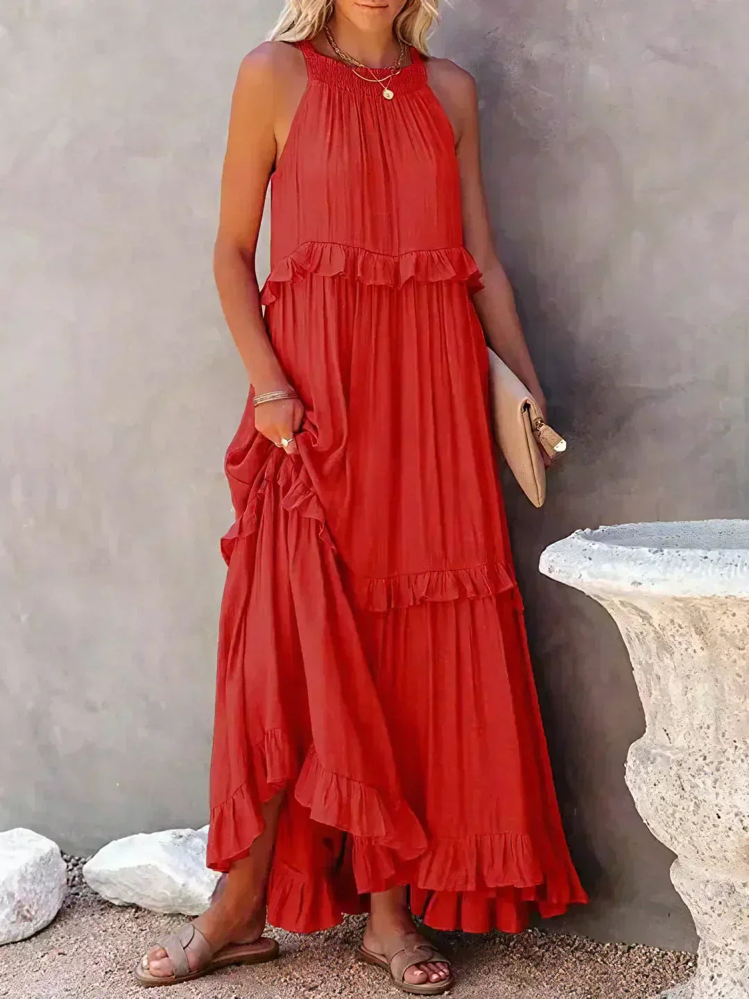 Damen Maxikleid Volants Neckholder Ausschnitt Sommerlich Feminin