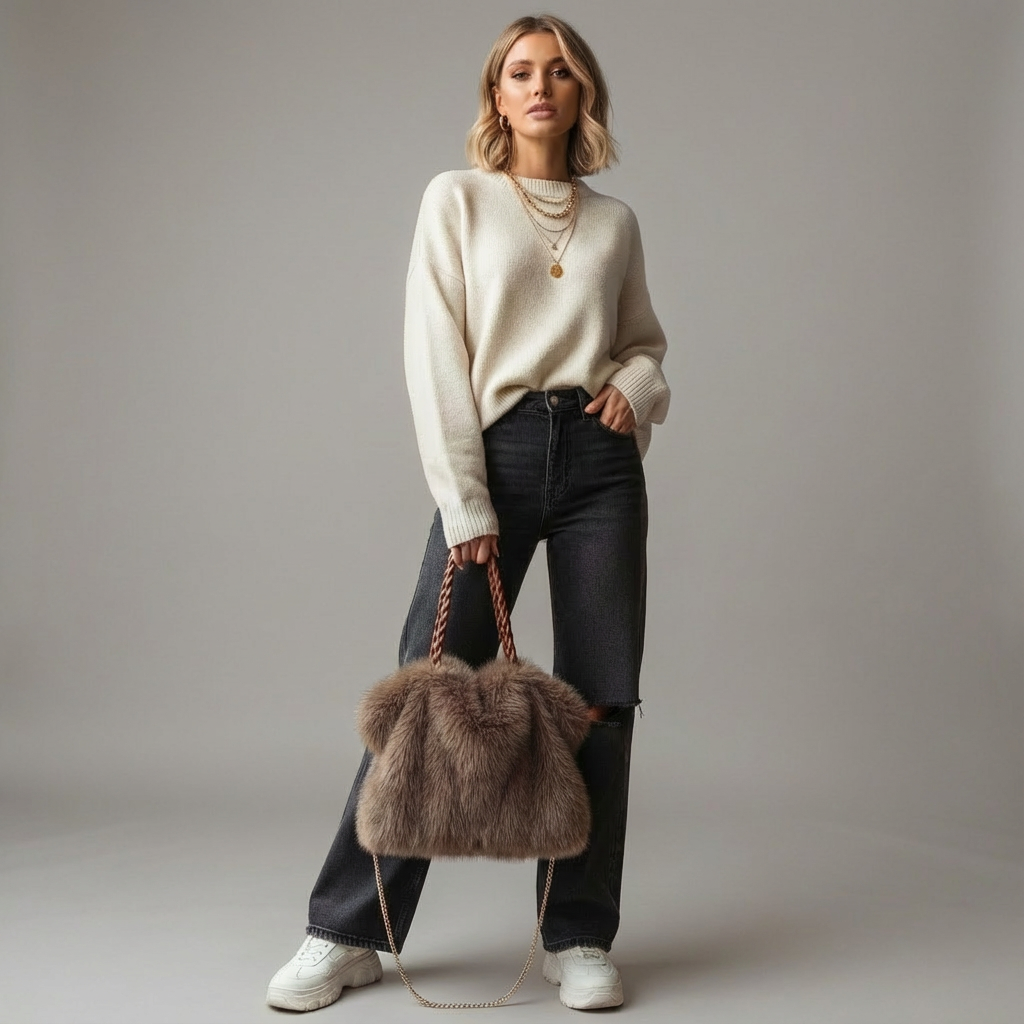 Fiora Damen Fluff Handtasche Geflochtener Henkel Kette Beige