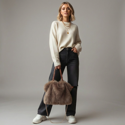 Fiora Damen Fluff Handtasche Geflochtener Henkel Kette Beige
