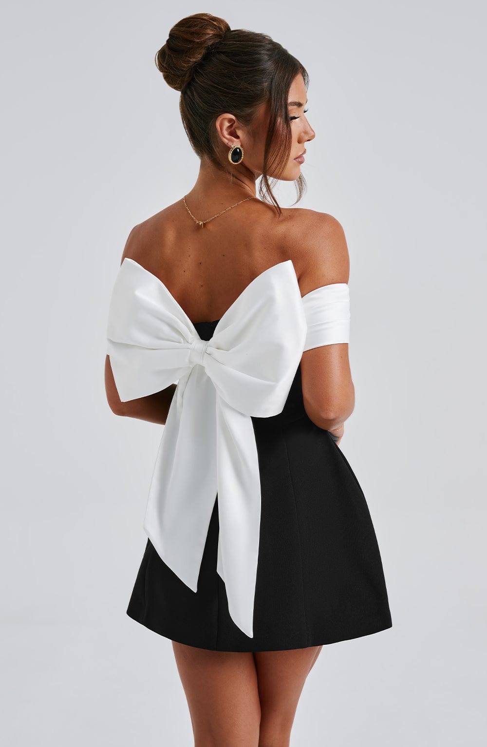 es Minikleid Damen Bardot Ausschnitt Schleife