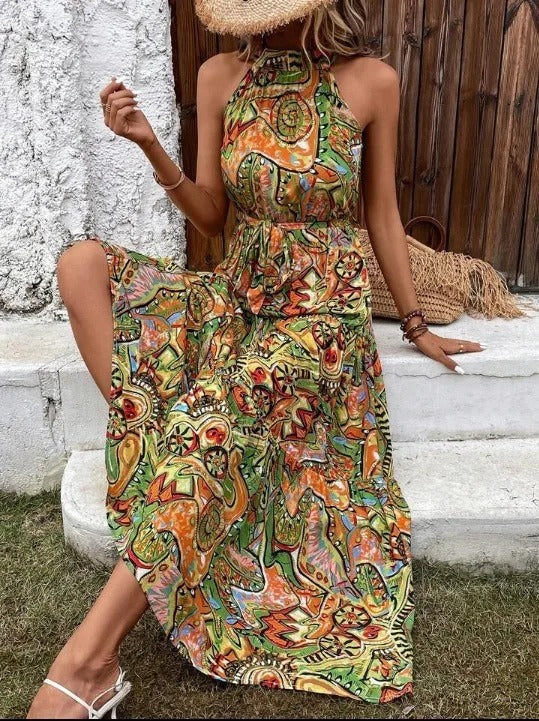Damen Retro Maxi Kleid Halterneck Vintage-Inspiriert