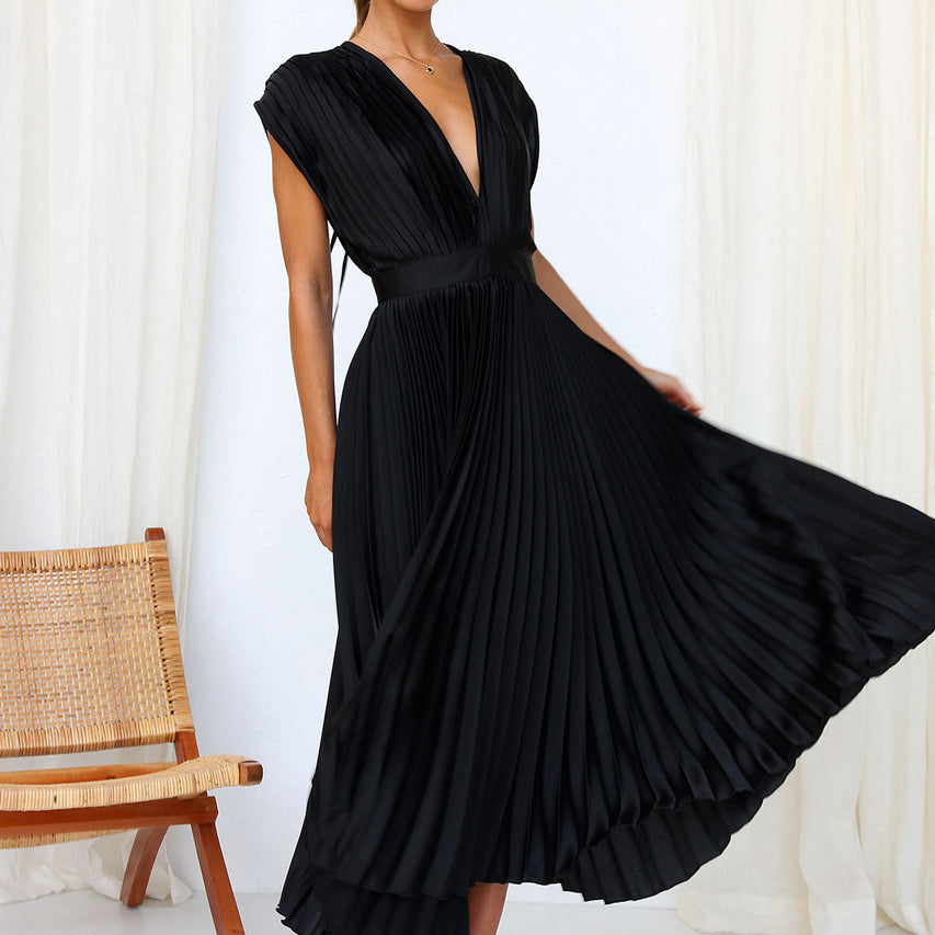 Damen Abendkleid Maxi V-Ausschnitt Plissiert