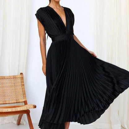 Damen Abendkleid Maxi V-Ausschnitt Plissiert