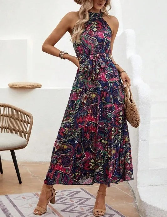 Damen Retro Maxi Kleid Halterneck Vintage-Inspiriert