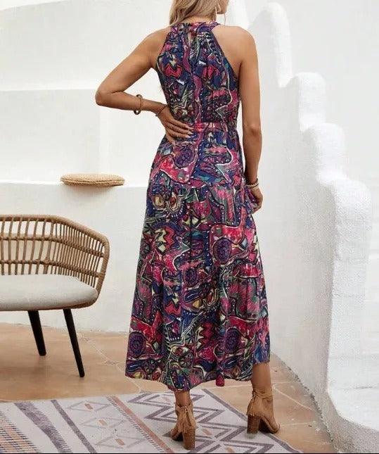 Damen Retro Maxi Kleid Halterneck Vintage-Inspiriert