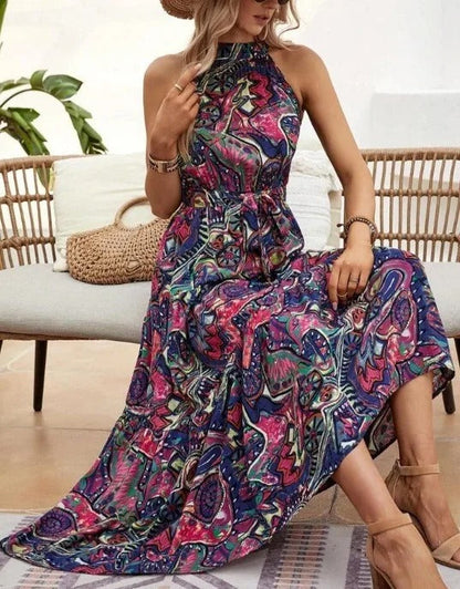 Damen Retro Maxi Kleid Halterneck Vintage-Inspiriert